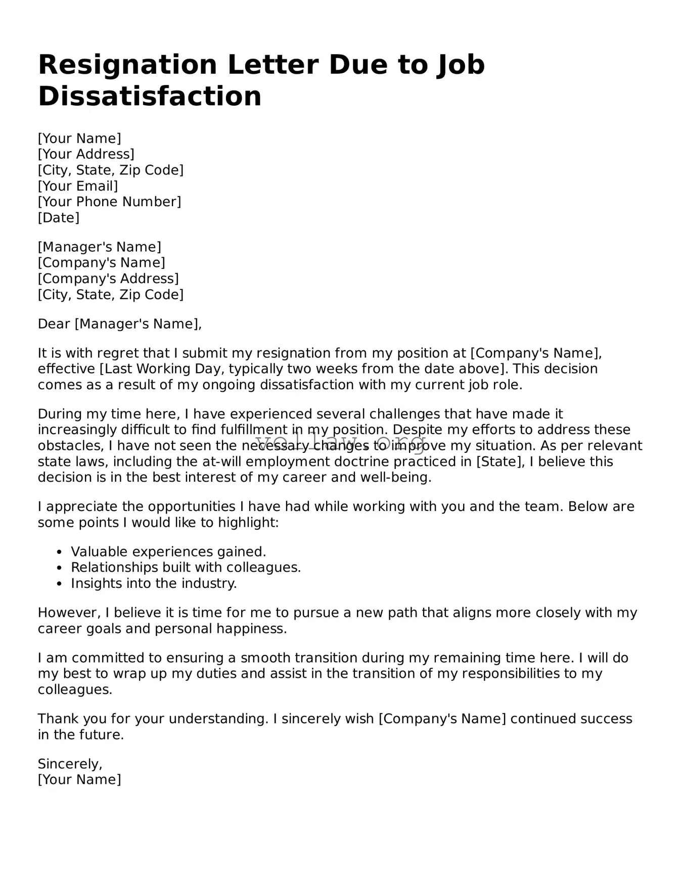 Free Resignation Letter Due to Job Dissatisfaction Form