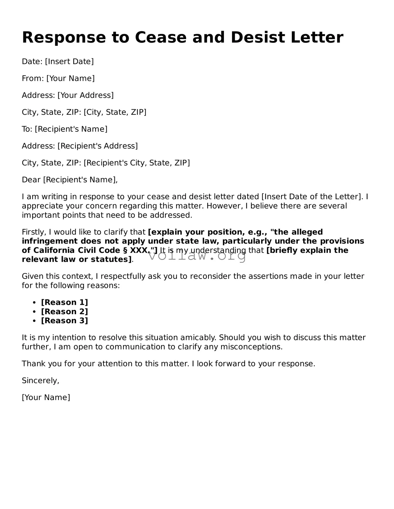 Free Response to a Cease and Desist Letter Form