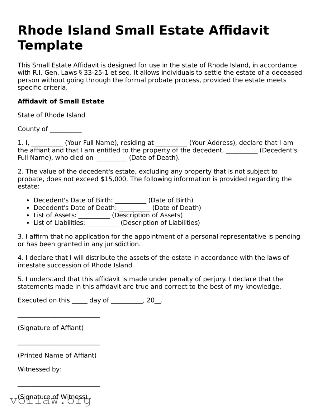 Attorney-Verified  Small Estate Affidavit Form for Rhode Island
