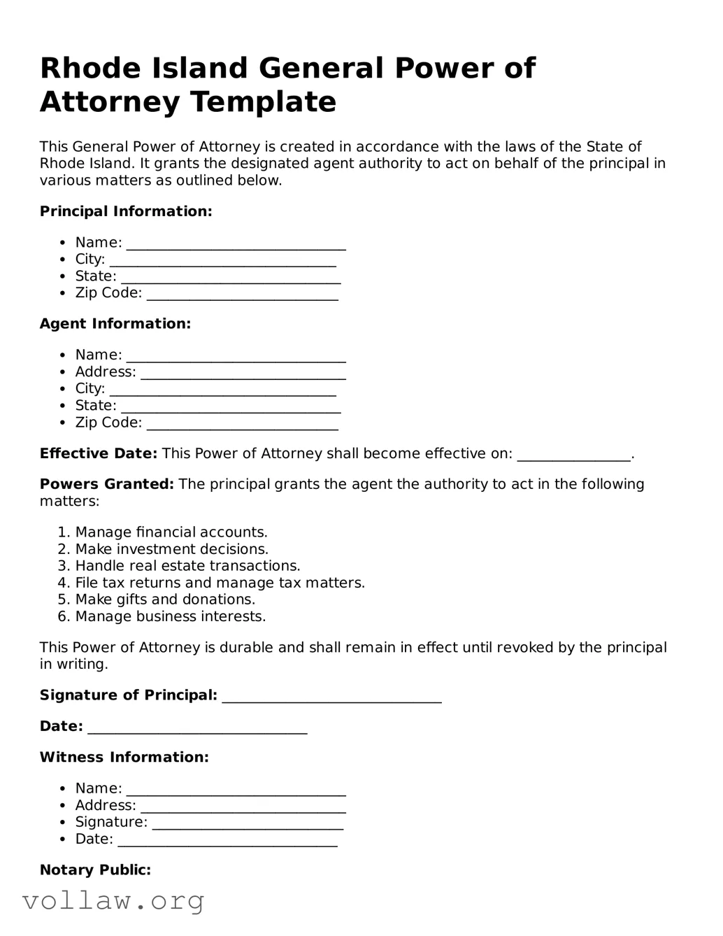 Attorney-Verified  General Power of Attorney Form for Rhode Island