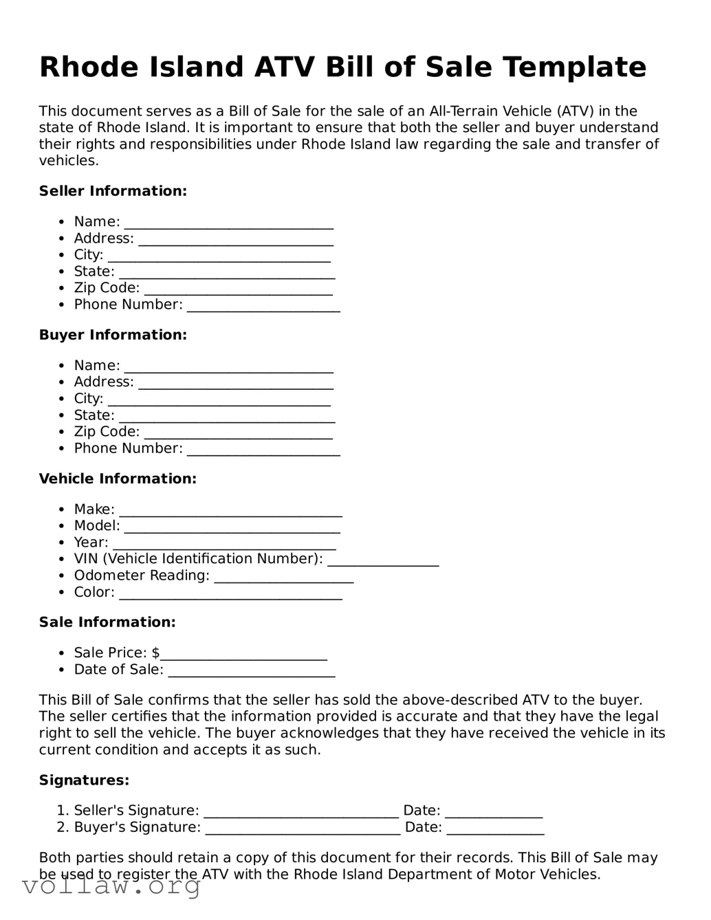 Attorney-Verified  ATV Bill of Sale Form for Rhode Island