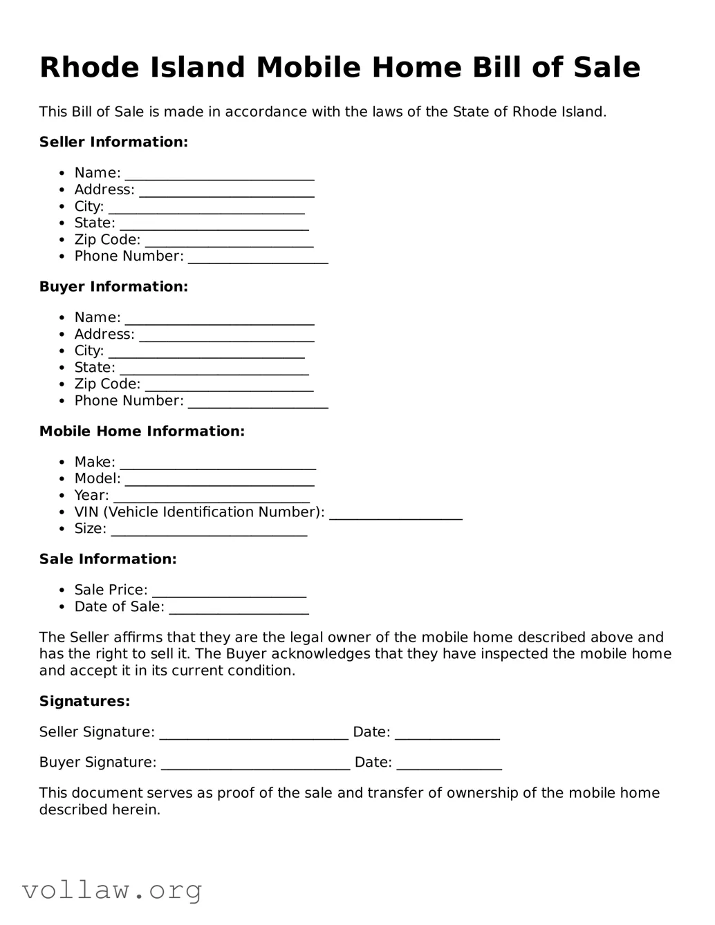 Attorney-Verified  Mobile Home Bill of Sale Form for Rhode Island