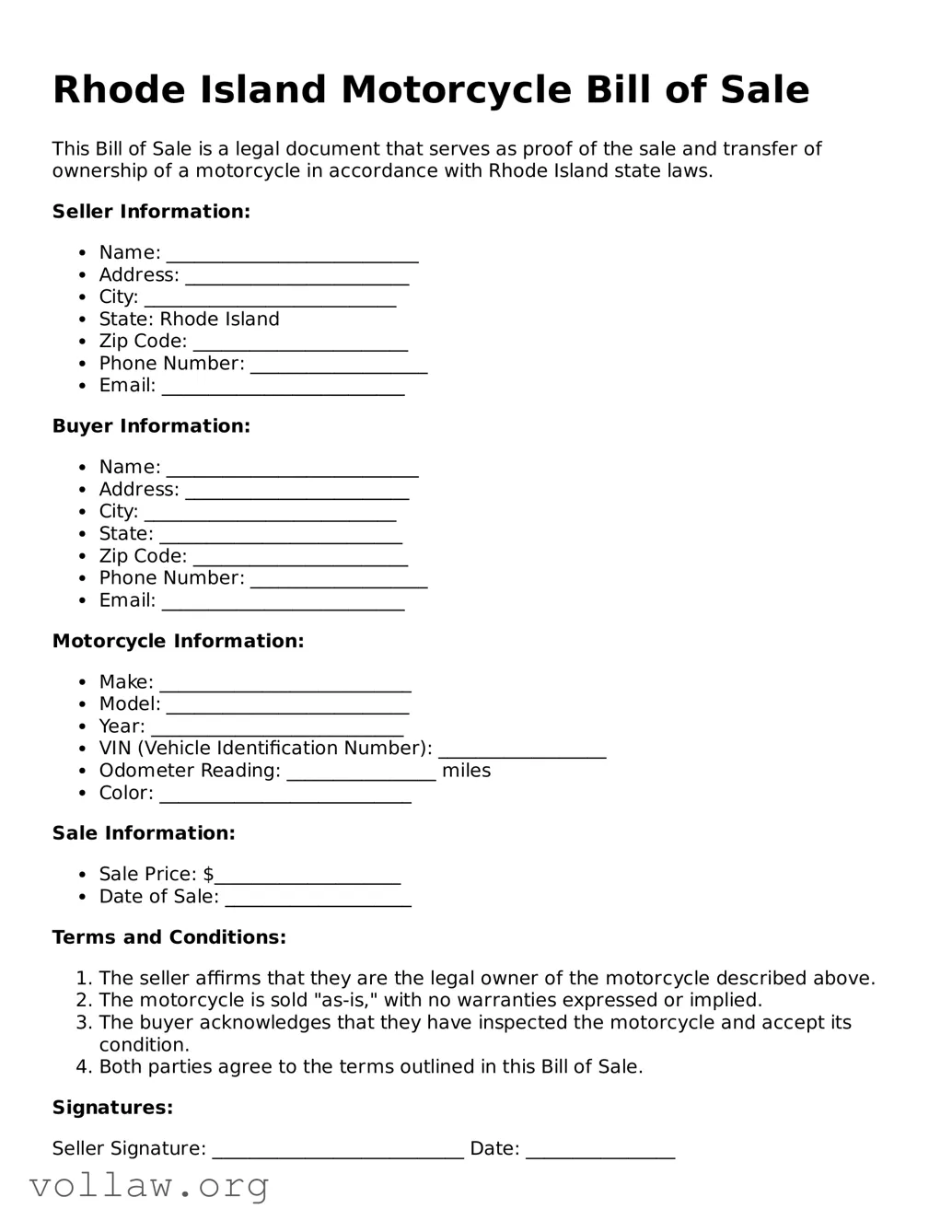 Attorney-Verified  Motorcycle Bill of Sale Form for Rhode Island