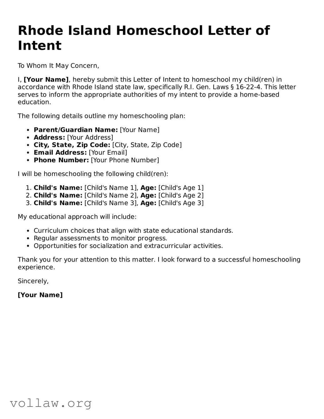 Attorney-Verified  Homeschool Letter of Intent Form for Rhode Island