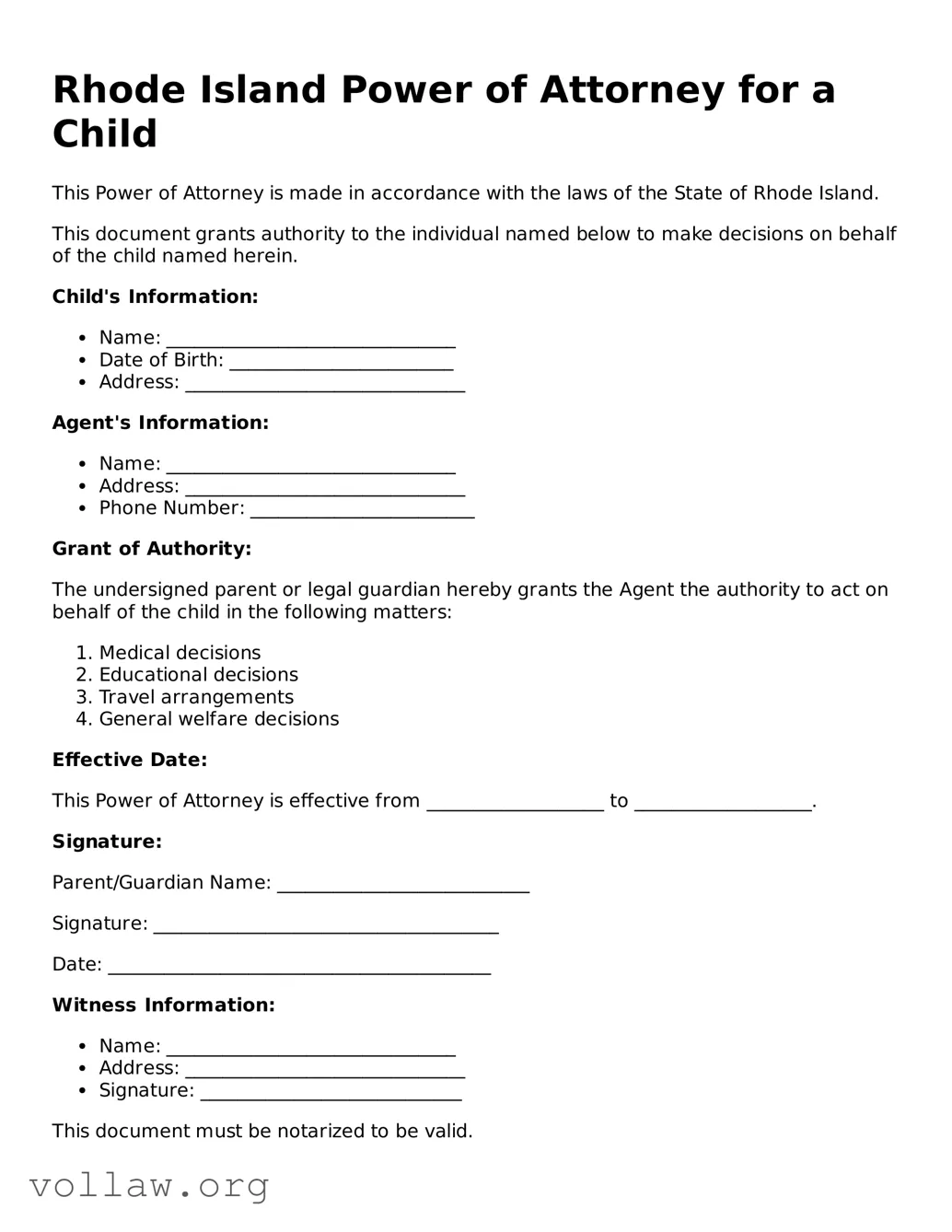 Attorney-Verified  Power of Attorney for a Child Form for Rhode Island
