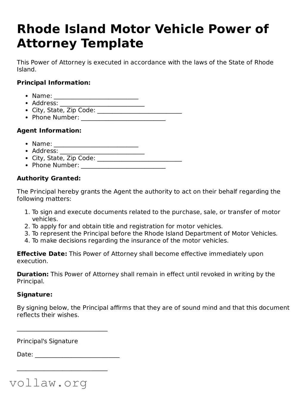 Attorney-Verified  Motor Vehicle Power of Attorney Form for Rhode Island