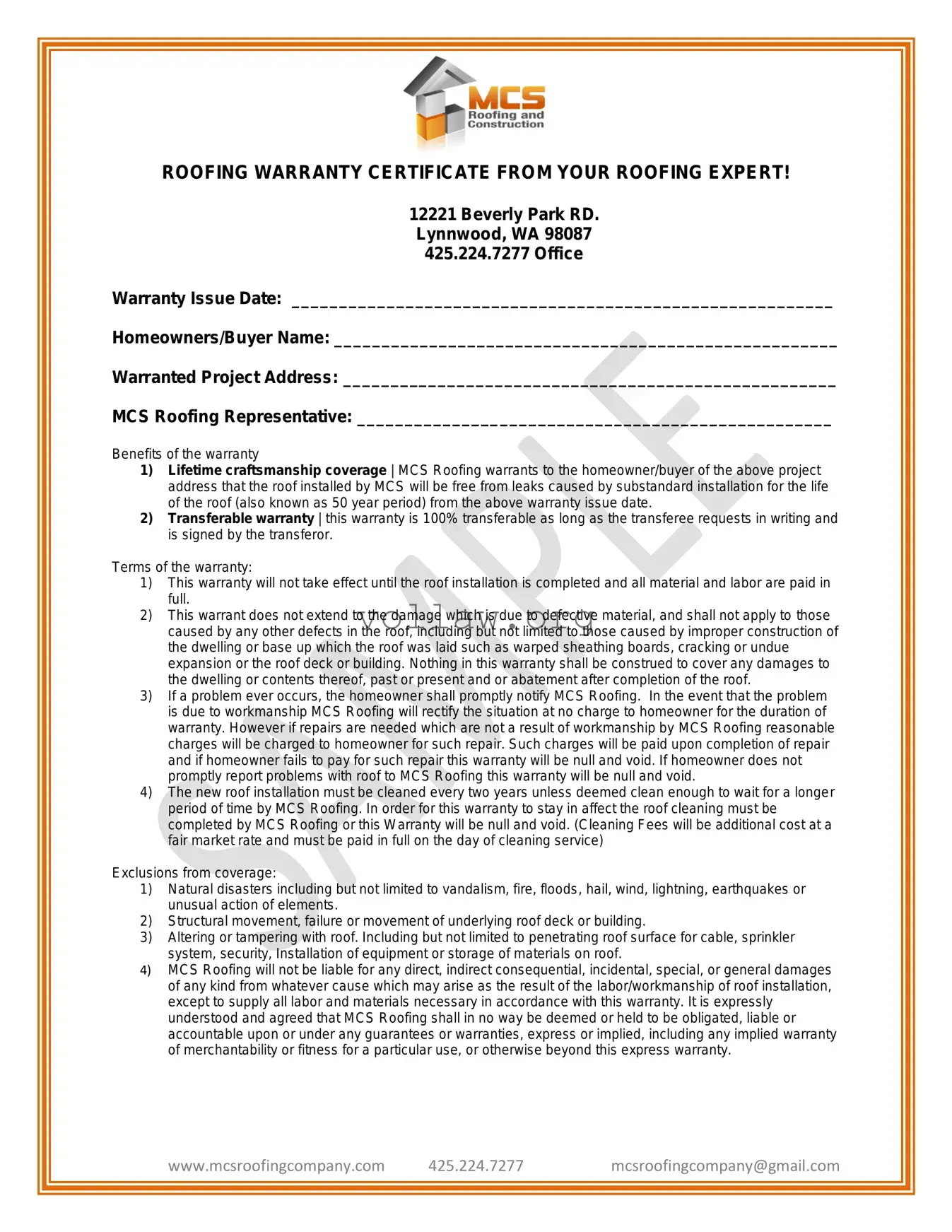 Roofing Warranty Certificate Template