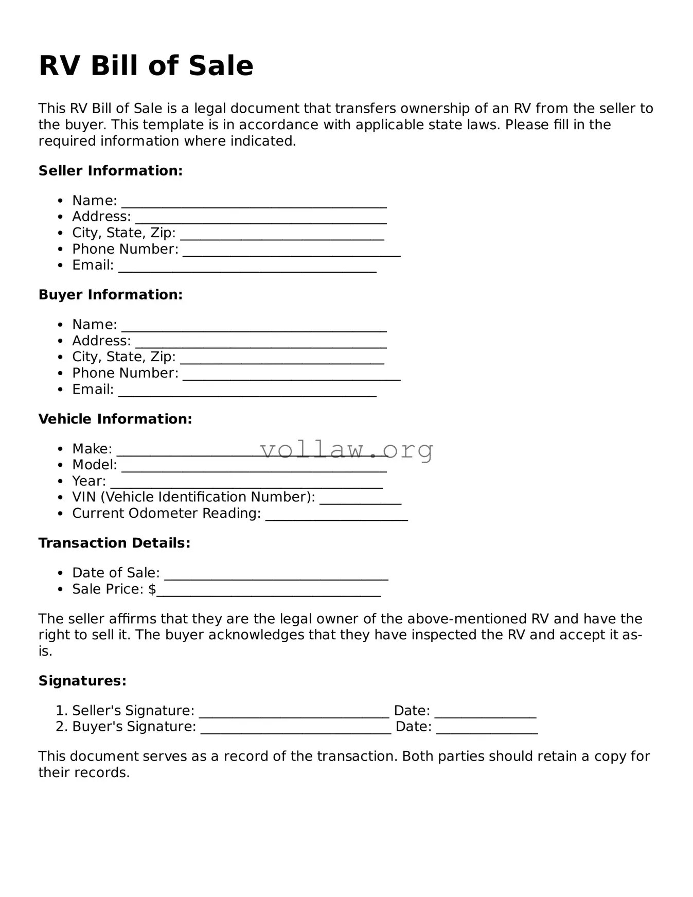 Free RV Bill of Sale Form