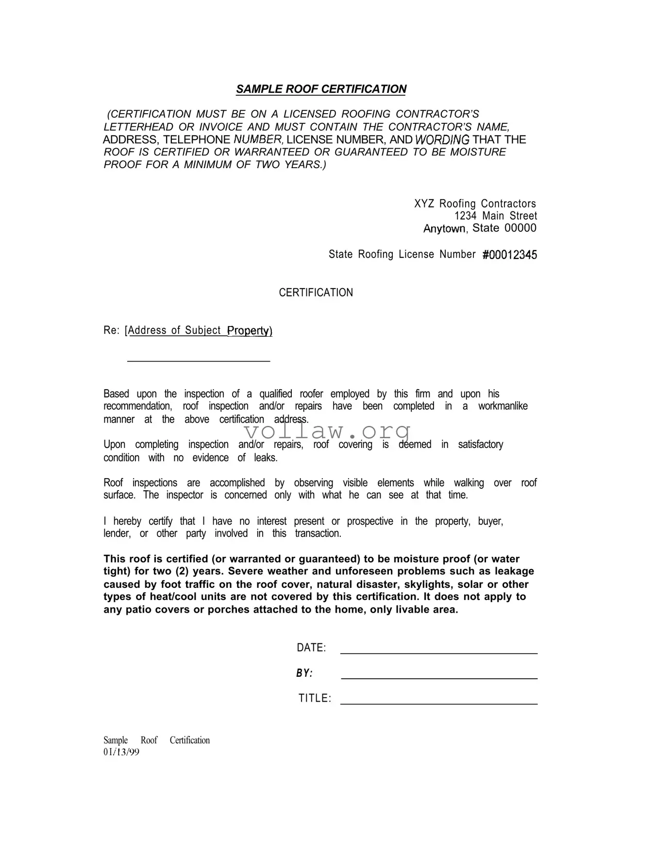 Sample Roof Certification Template