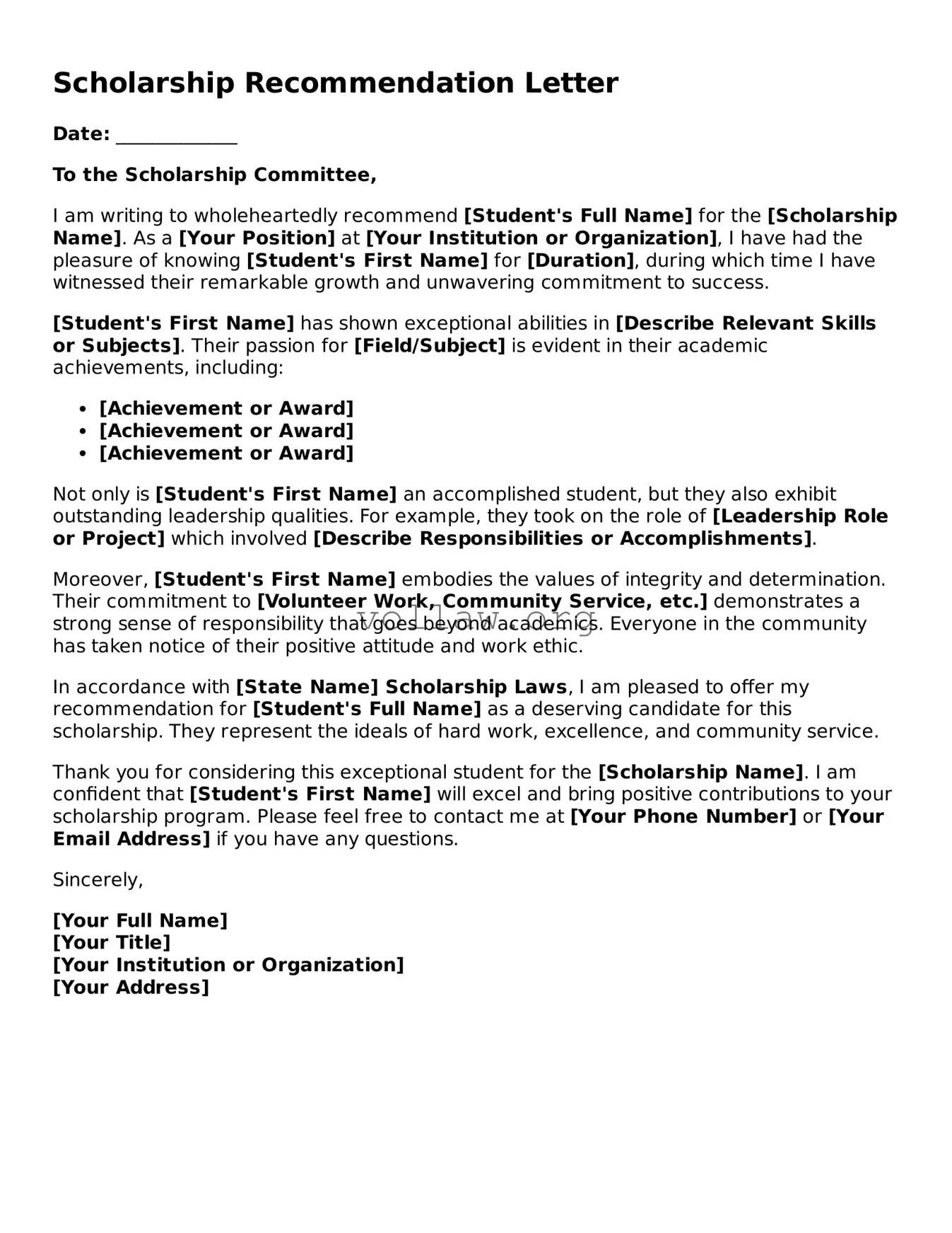 Free Scholarship Recommendation Letter Form