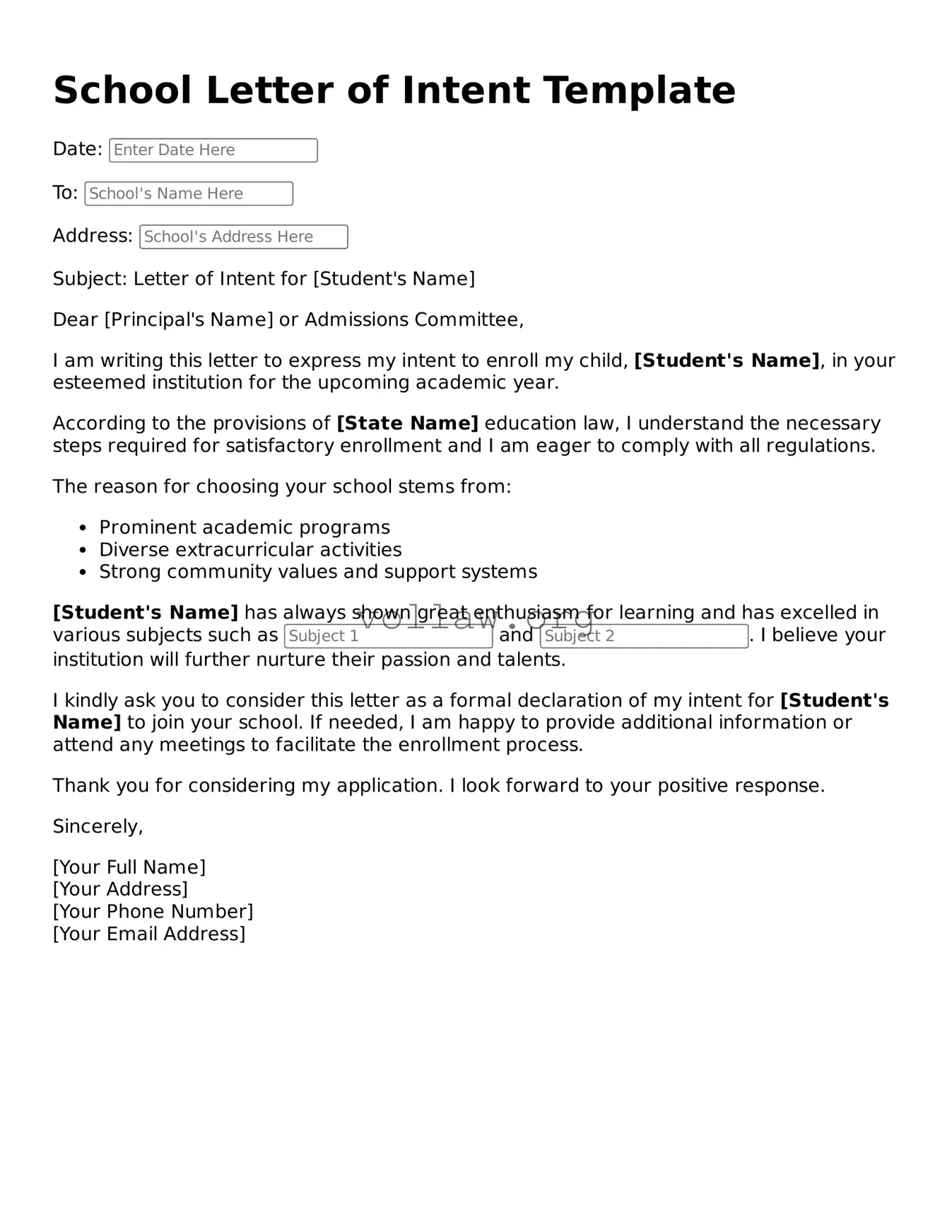 Free School Letter of Intent Form