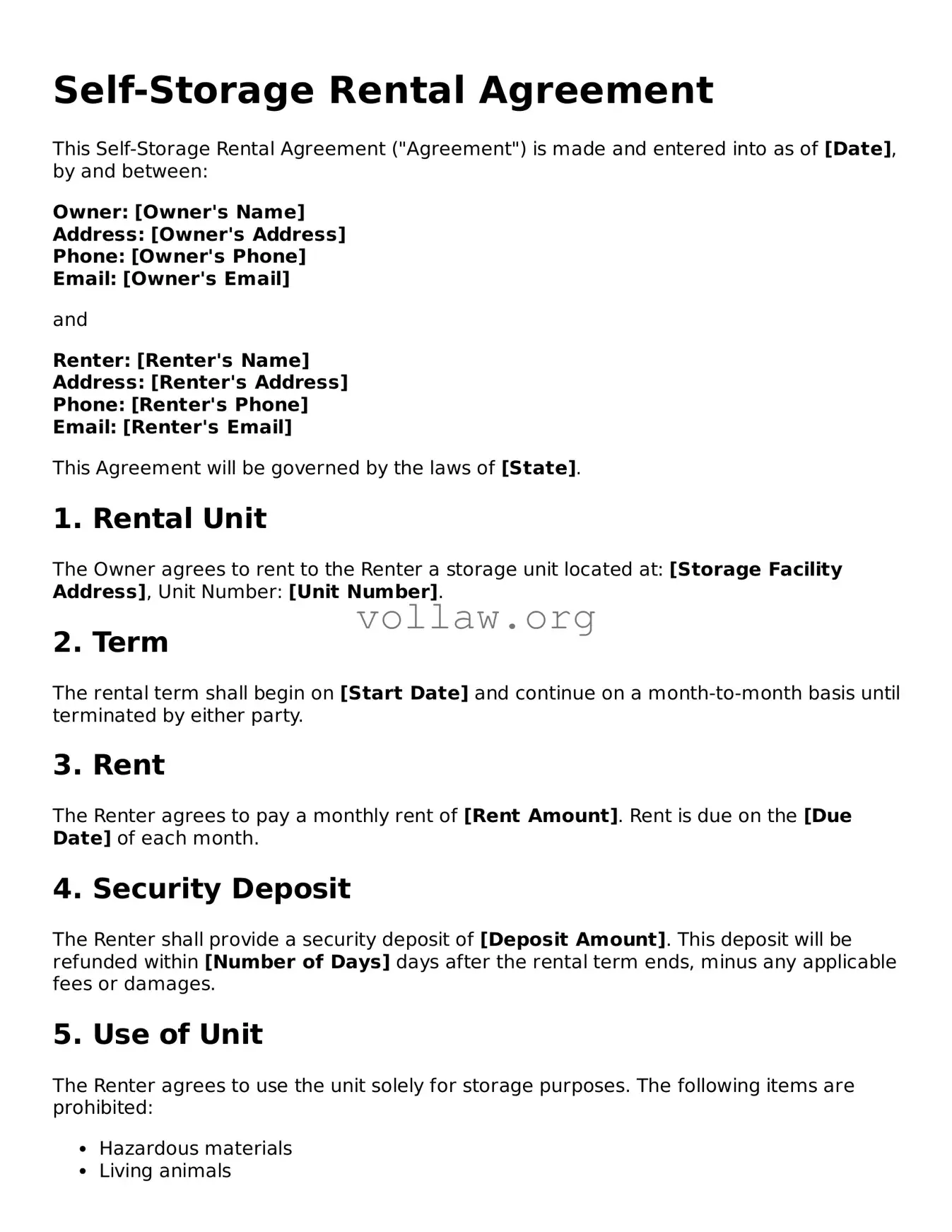 Free Self-Storage Rental Agreement Form