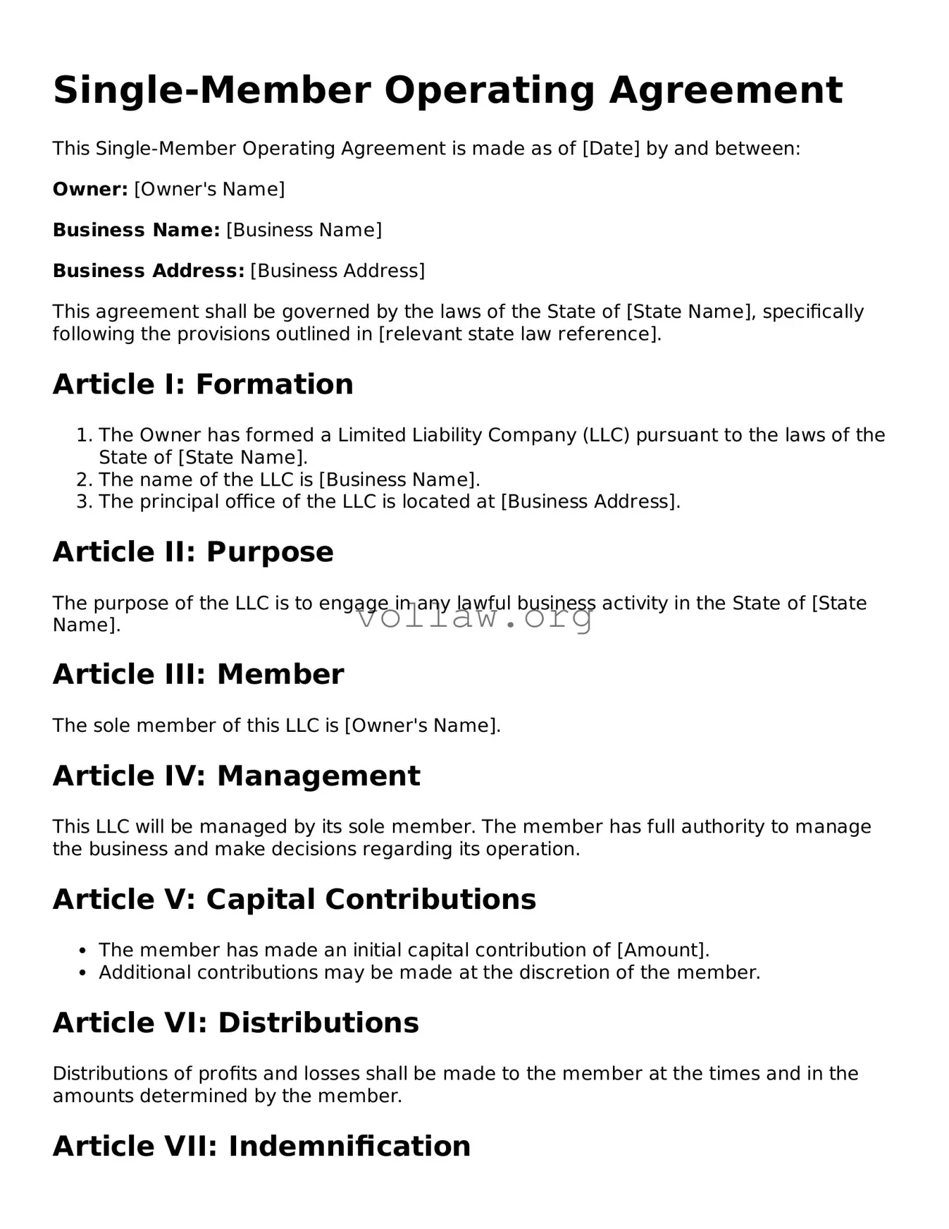 Free Single-Member Operating Agreement Form