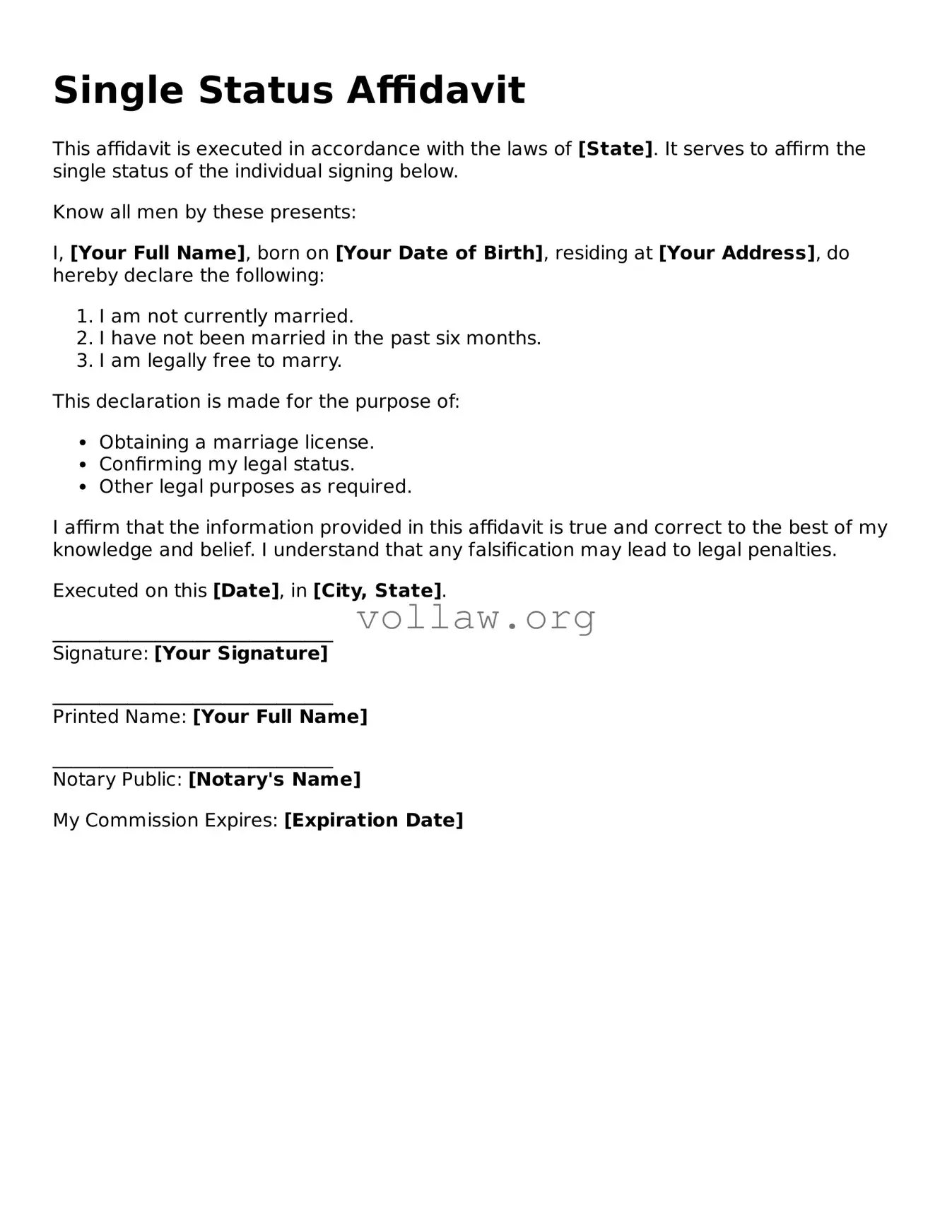 Free Single Status Affidavit Form