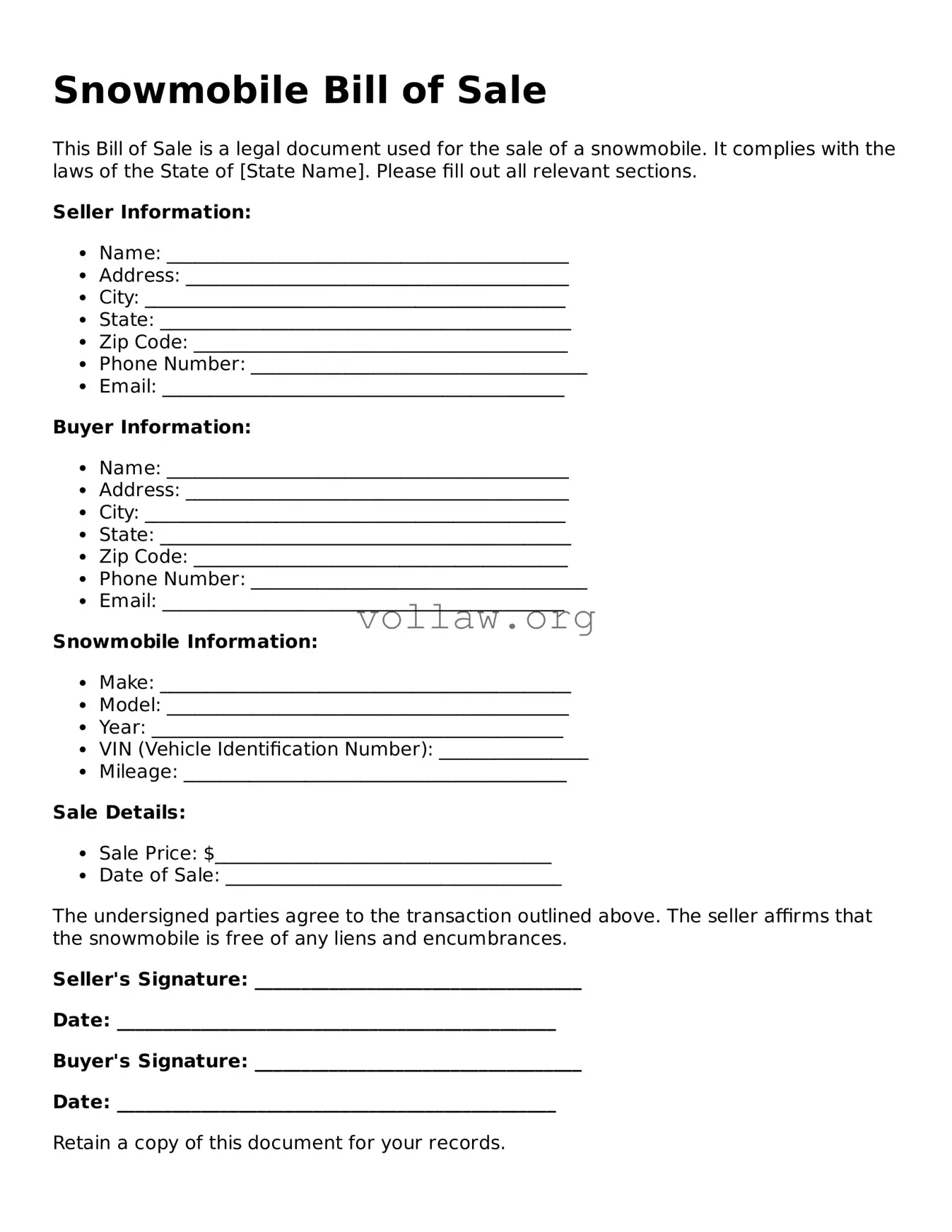 Free Snowmobile Bill of Sale Form