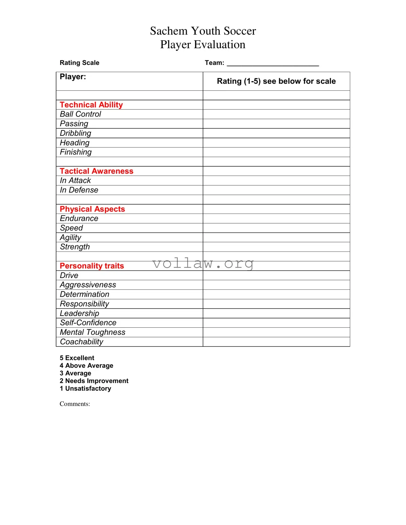 Soccer Player Evaluation Template