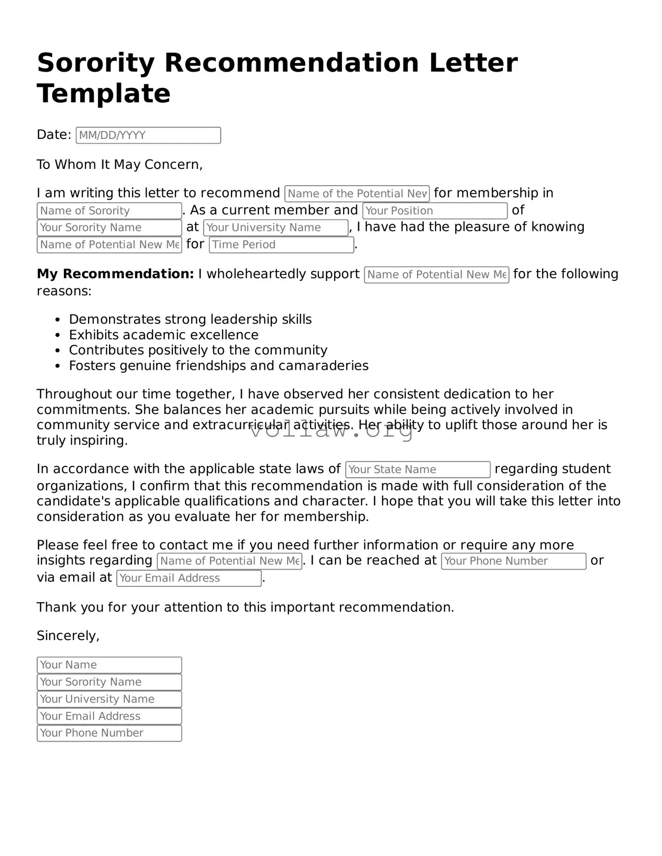 Free Sorority Recommendation Letter Form