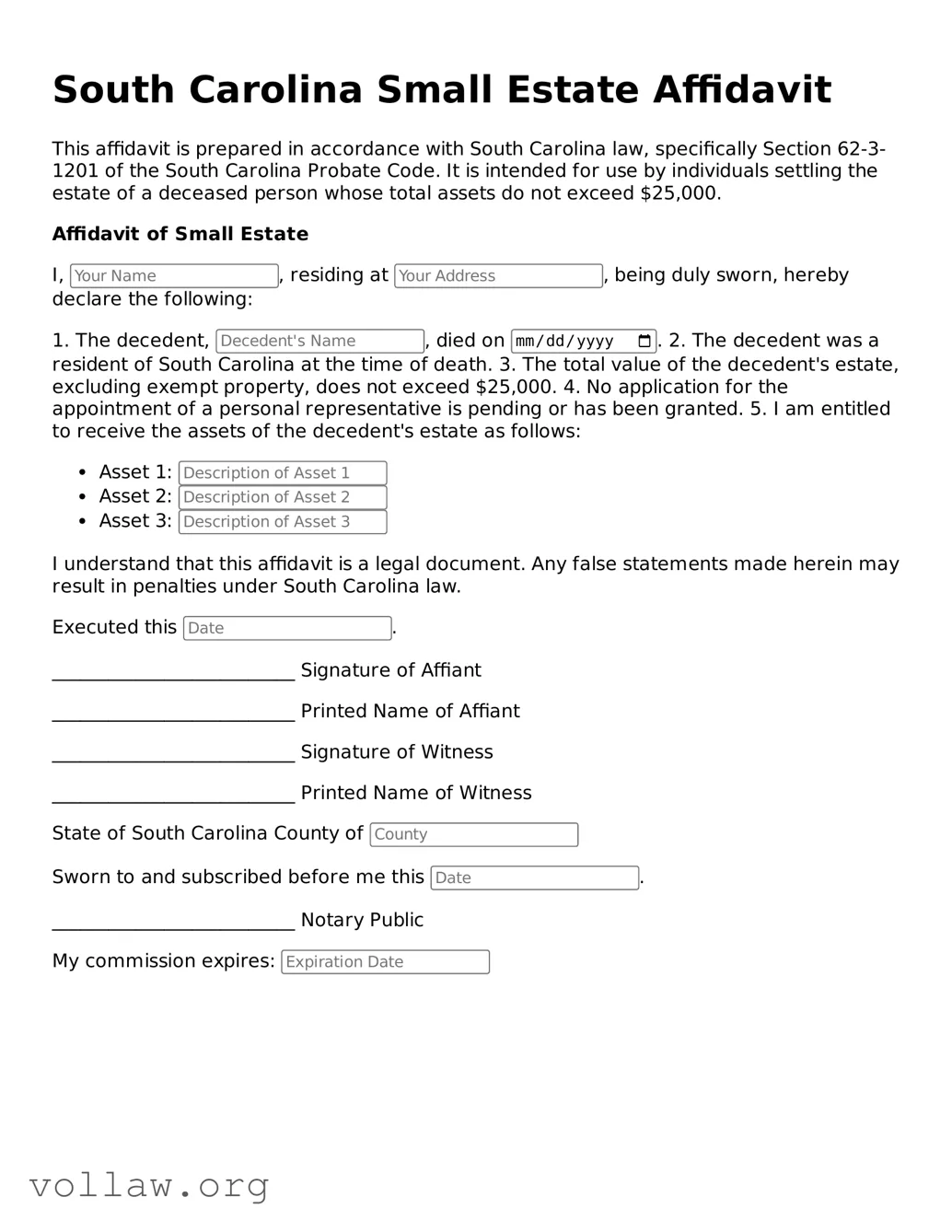 Attorney-Verified  Small Estate Affidavit Form for South Carolina