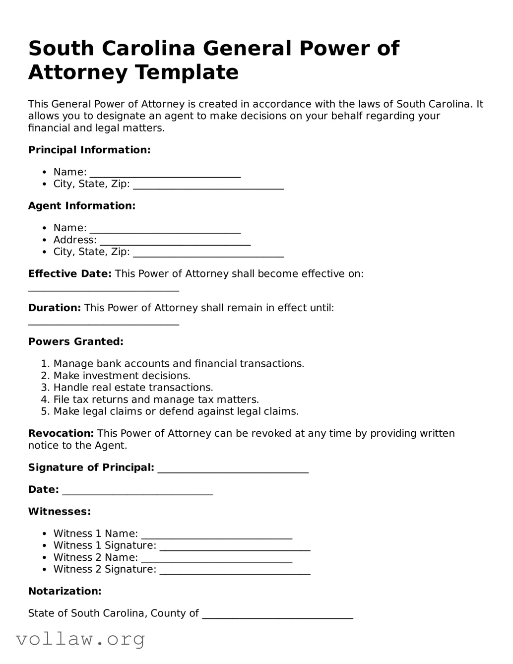 Attorney-Verified  General Power of Attorney Form for South Carolina