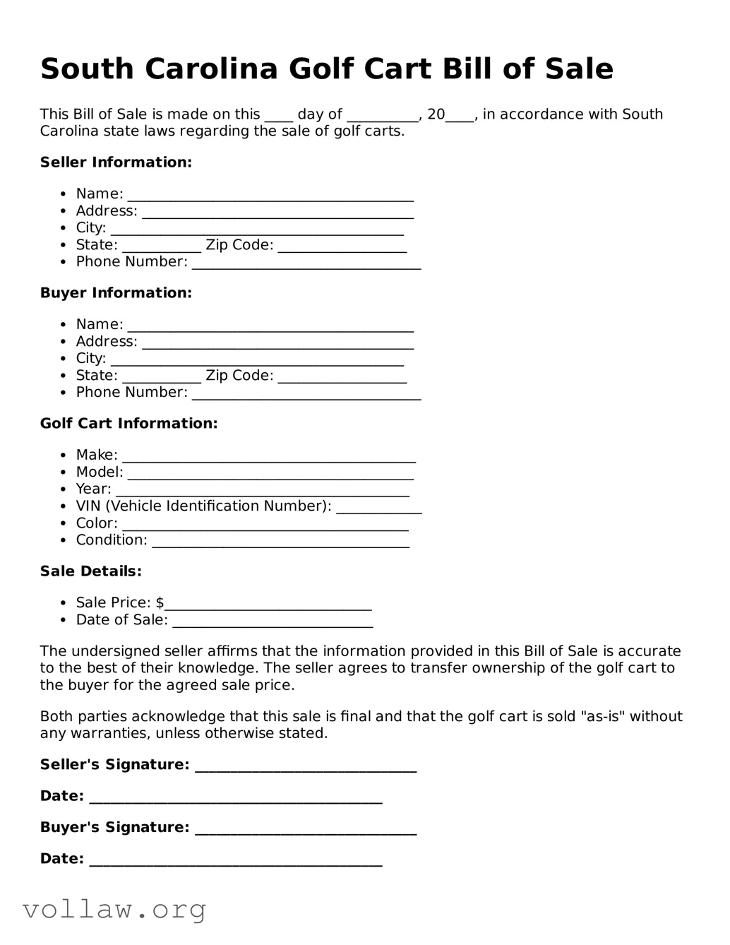 Attorney-Verified  Golf Cart Bill of Sale Form for South Carolina