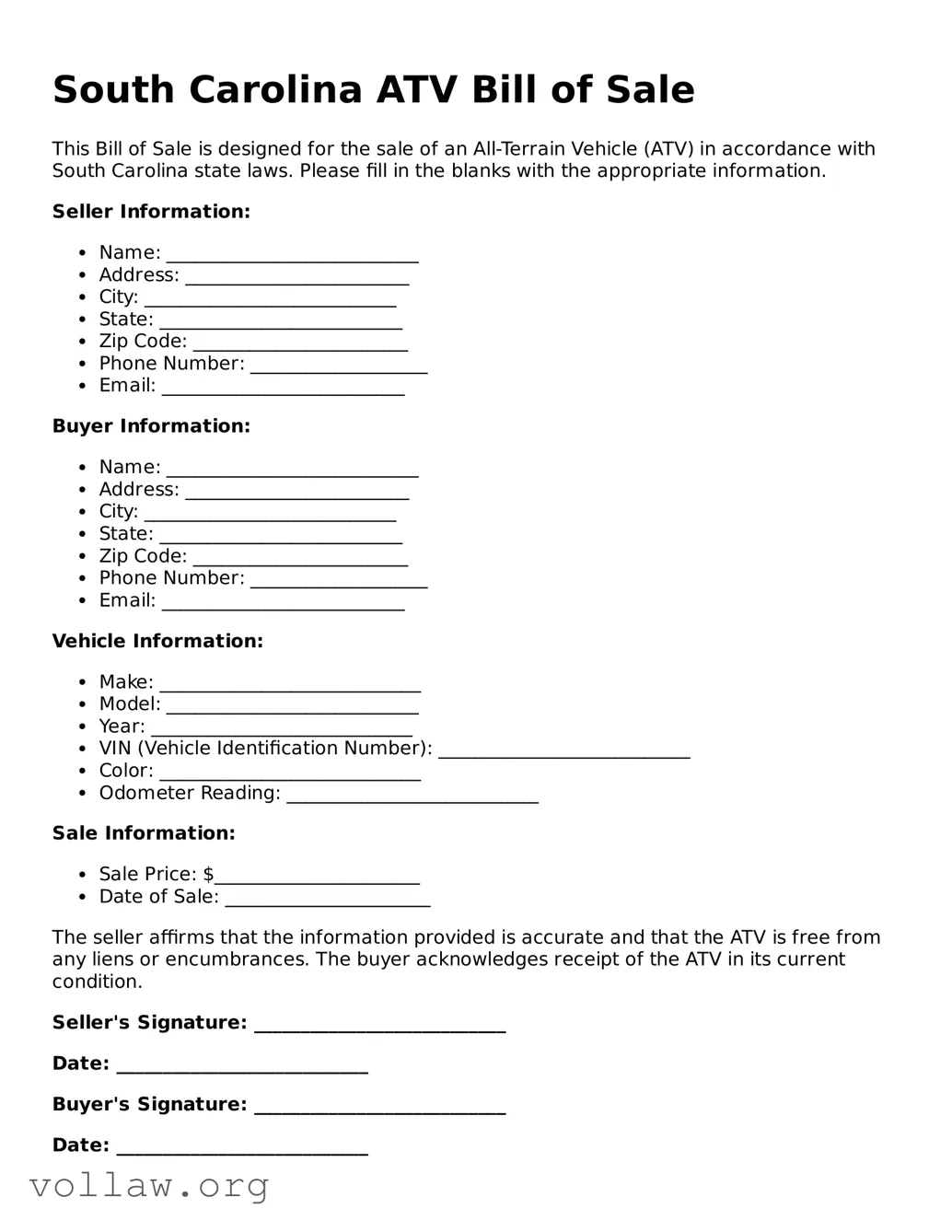 Attorney-Verified  ATV Bill of Sale Form for South Carolina