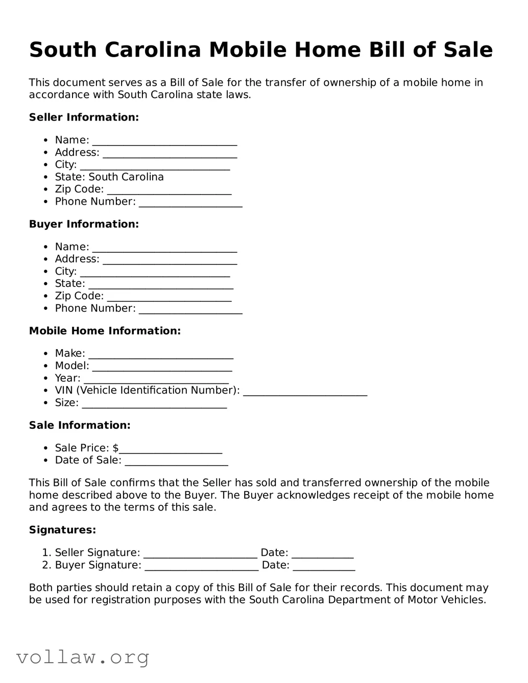 Attorney-Verified  Mobile Home Bill of Sale Form for South Carolina
