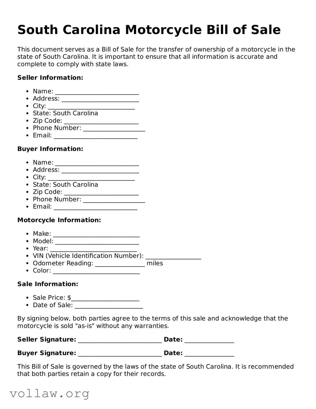 Attorney-Verified  Motorcycle Bill of Sale Form for South Carolina