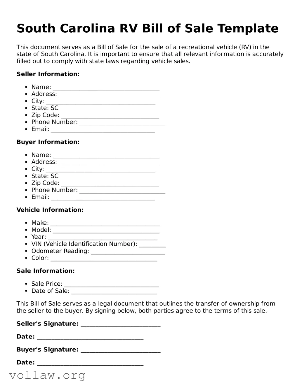 Attorney-Verified  RV Bill of Sale Form for South Carolina