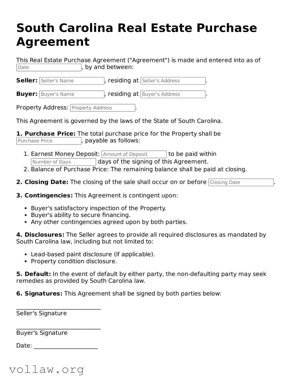 Attorney-Verified  Real Estate Purchase Agreement Form for South Carolina