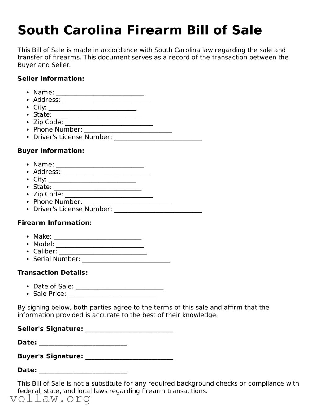 Attorney-Verified  Firearm Bill of Sale Form for South Carolina