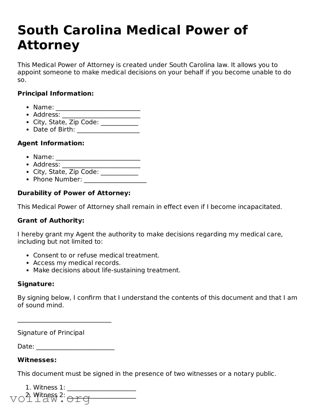 Attorney-Verified  Medical Power of Attorney Form for South Carolina