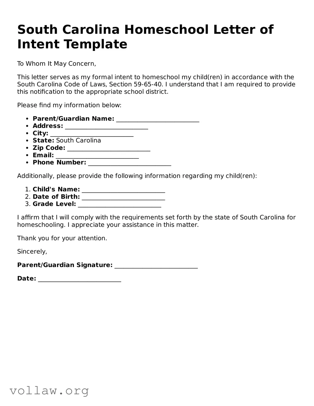 Attorney-Verified  Homeschool Letter of Intent Form for South Carolina