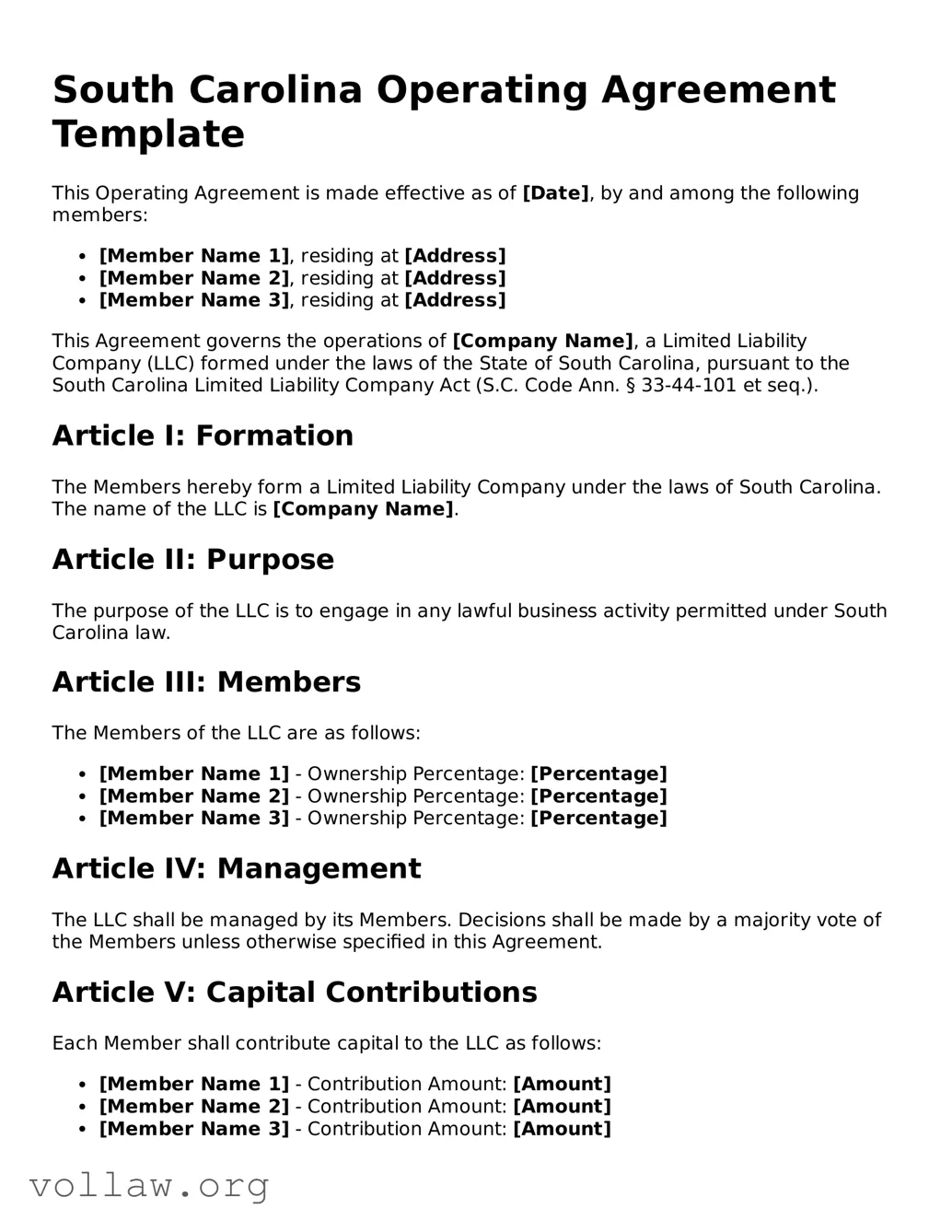 Attorney-Verified  Operating Agreement Form for South Carolina