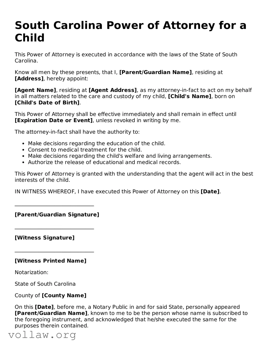 Attorney-Verified  Power of Attorney for a Child Form for South Carolina