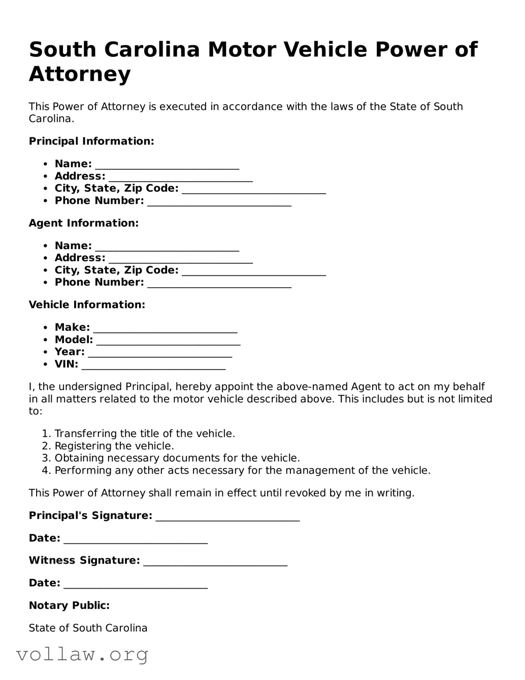 Attorney-Verified  Motor Vehicle Power of Attorney Form for South Carolina