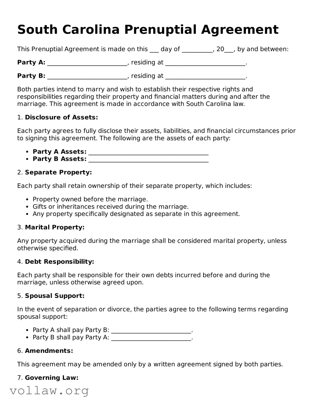 Attorney-Verified  Prenuptial Agreement Form for South Carolina
