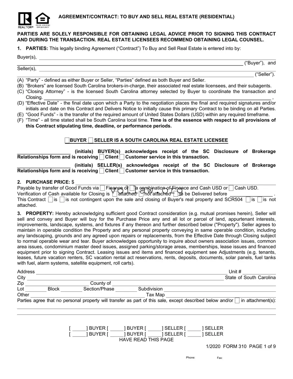South Carolina Real Estate Contract 310 Template