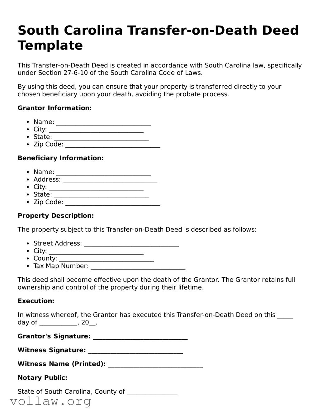 Attorney-Verified  Transfer-on-Death Deed Form for South Carolina