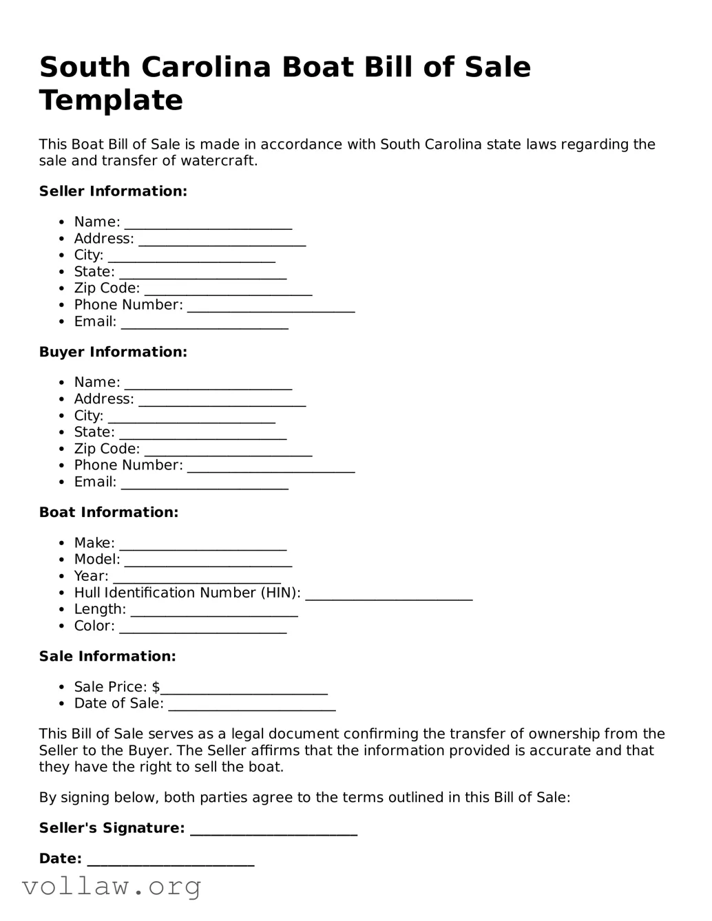 Attorney-Verified  Boat Bill of Sale Form for South Carolina