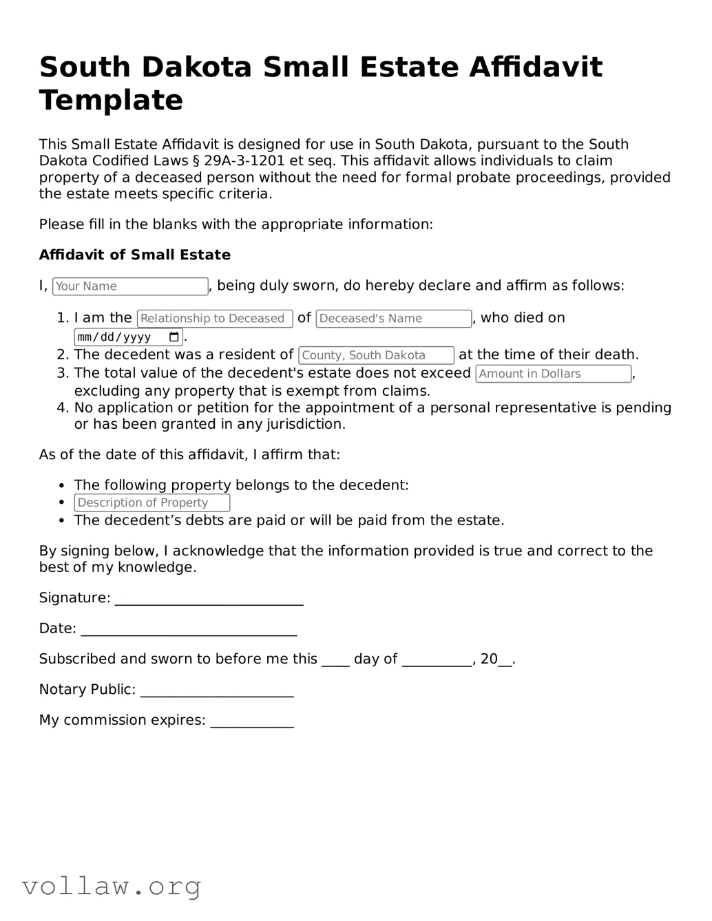 Attorney-Verified  Small Estate Affidavit Form for South Dakota