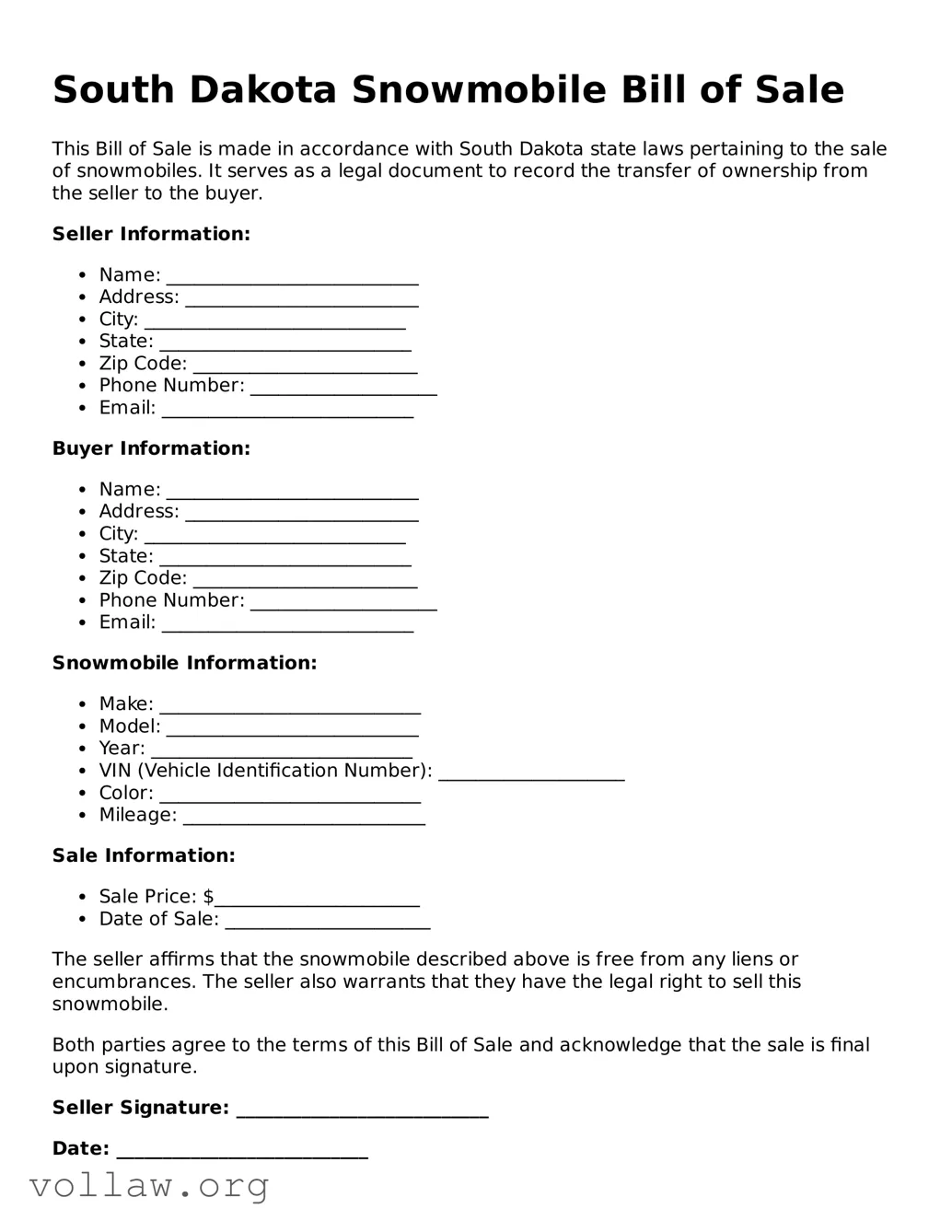 Attorney-Verified  Snowmobile Bill of Sale Form for South Dakota