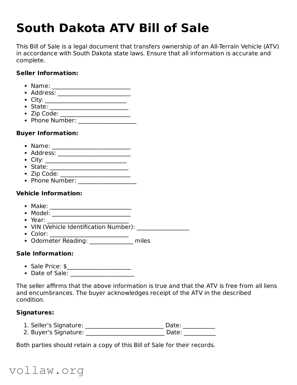 Attorney-Verified  ATV Bill of Sale Form for South Dakota