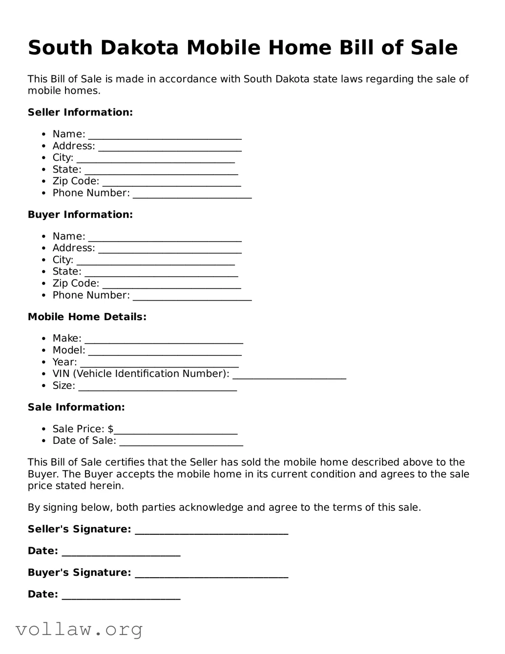 Attorney-Verified  Mobile Home Bill of Sale Form for South Dakota