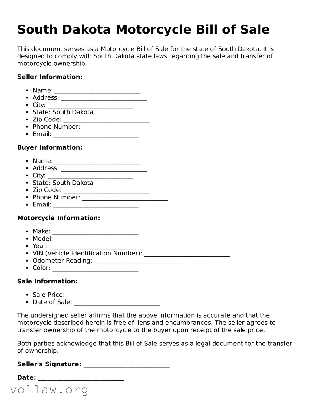 Attorney-Verified  Motorcycle Bill of Sale Form for South Dakota