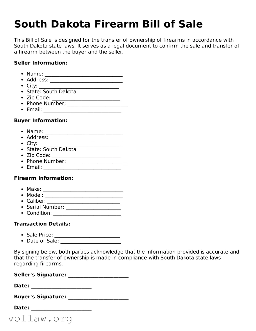 Attorney-Verified  Firearm Bill of Sale Form for South Dakota