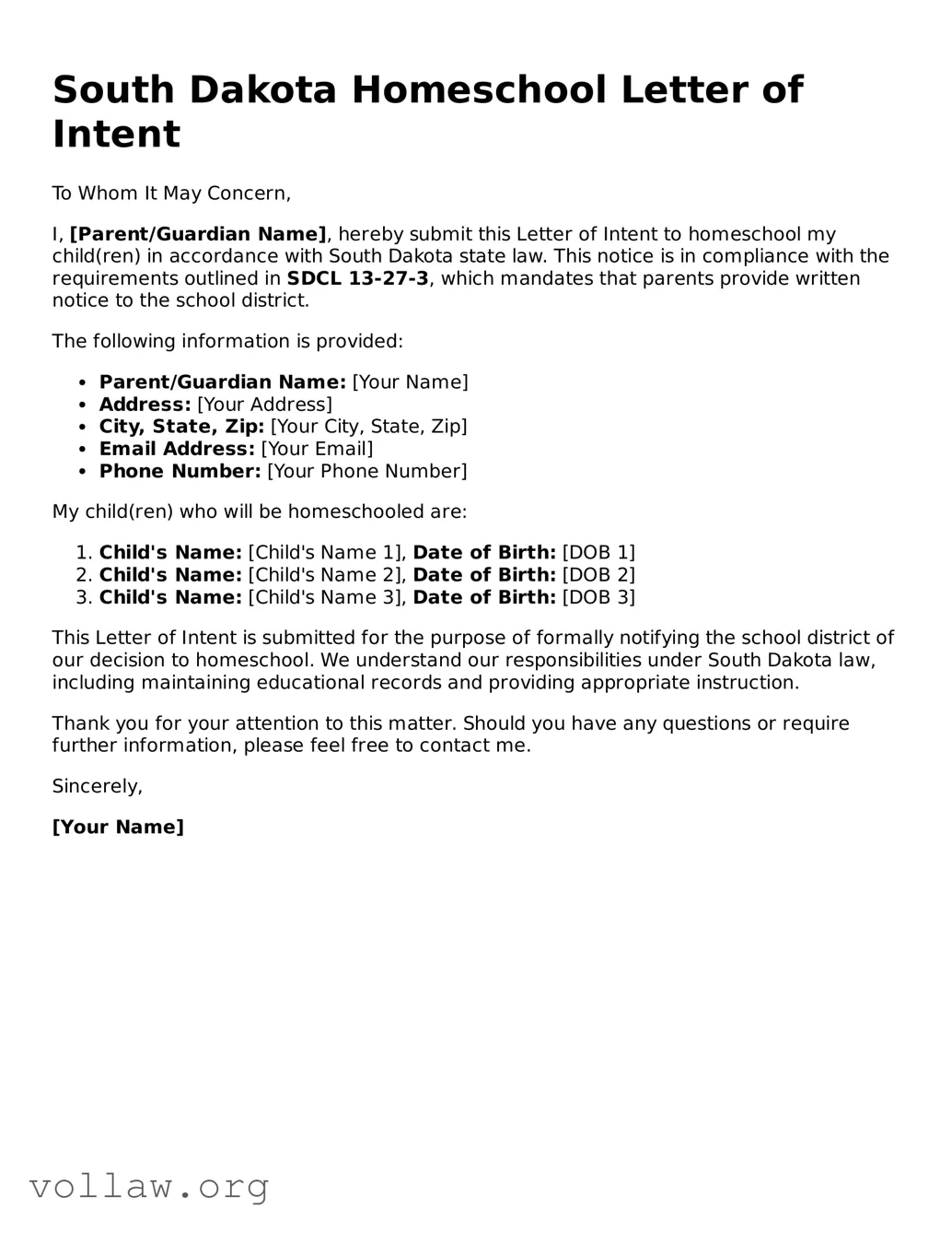 Attorney-Verified  Homeschool Letter of Intent Form for South Dakota