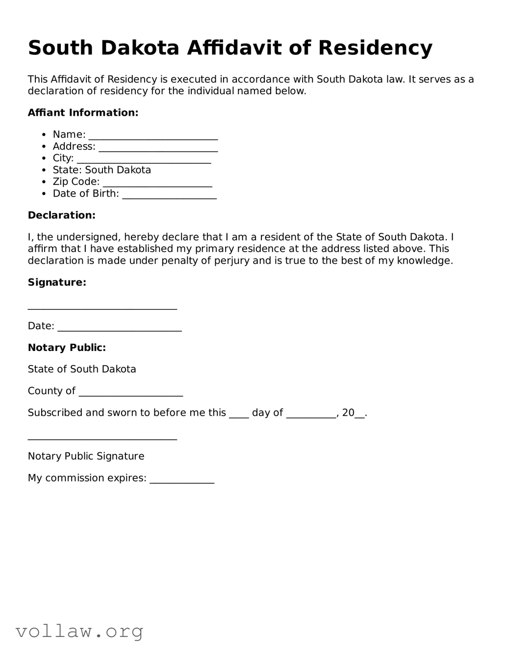 Attorney-Verified  Affidavit of Residency Form for South Dakota