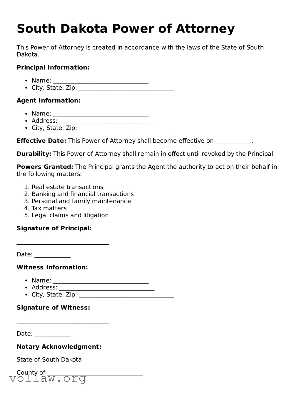 Attorney-Verified  Power of Attorney Form for South Dakota