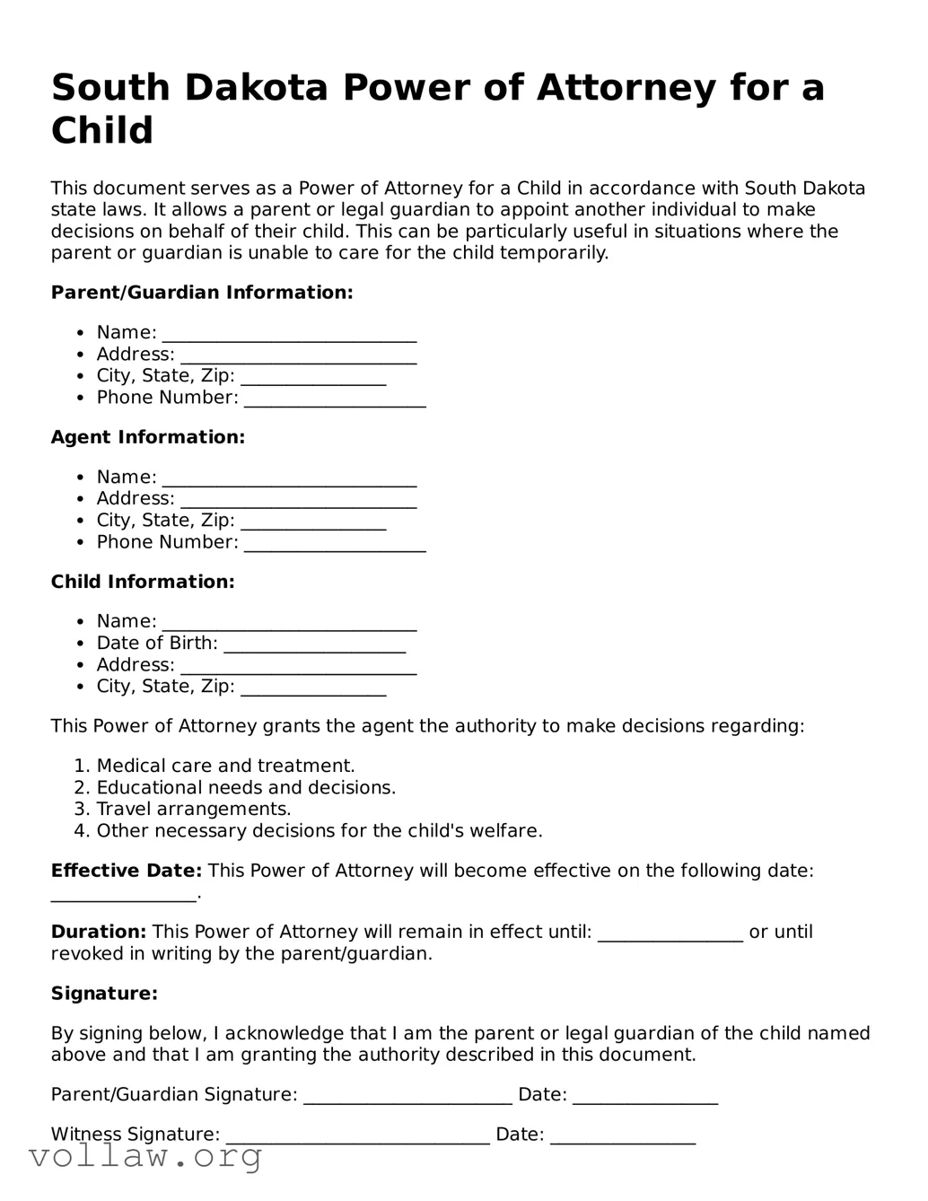 Attorney-Verified  Power of Attorney for a Child Form for South Dakota
