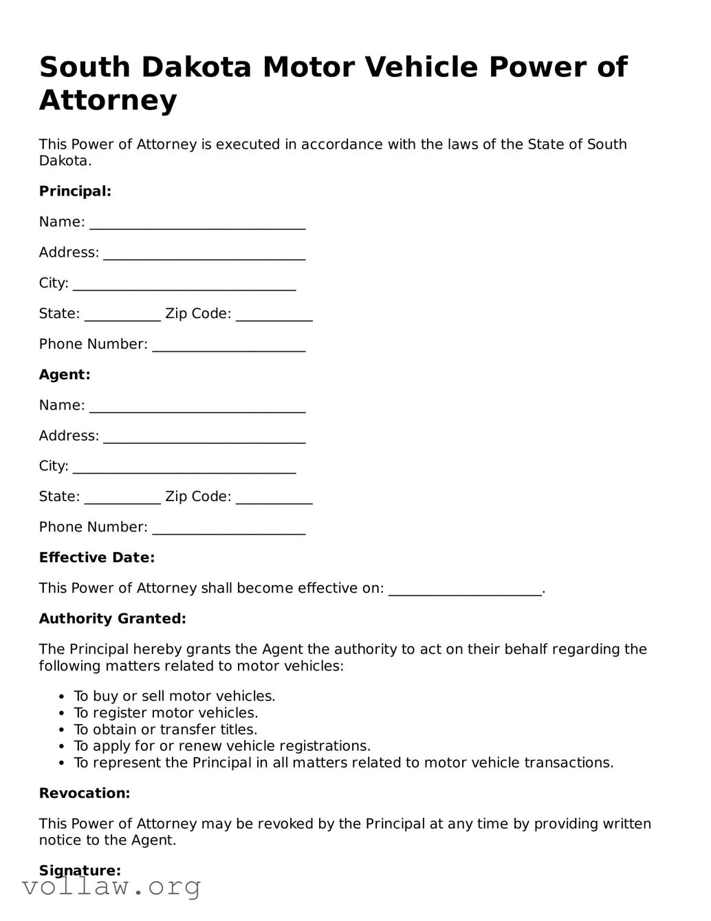 Attorney-Verified  Motor Vehicle Power of Attorney Form for South Dakota